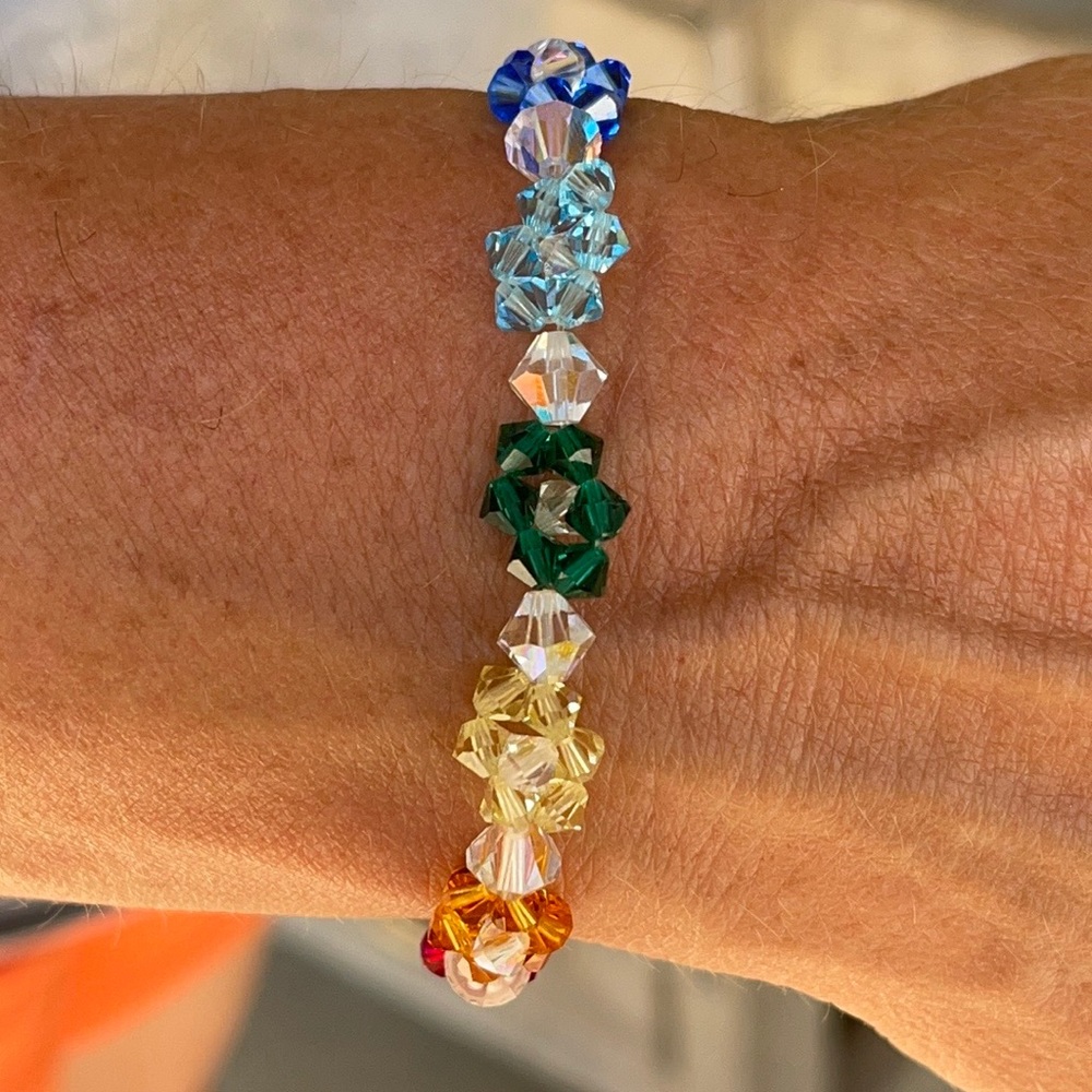 Handmade Swarovski Crystal flower rainbow pride bracelet - Picture 4 of 14